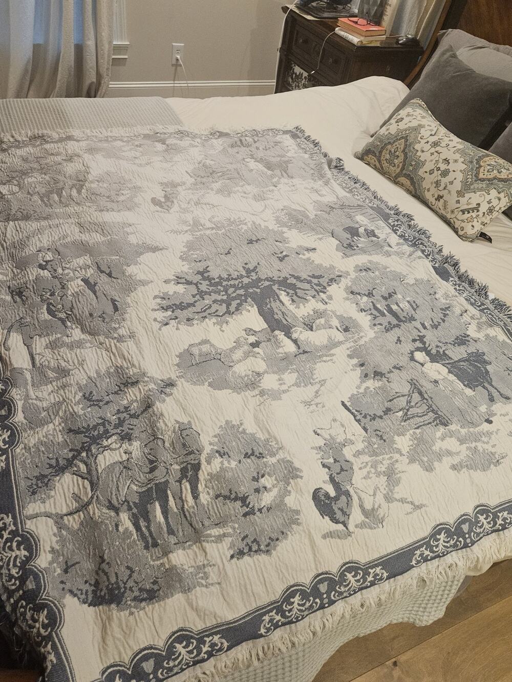 Vtg Delft Blue/Cream Pat Lehmkuhl Cow Sheep Country Farm Tapestry Throw 50x65”
